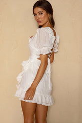 Charade Puff Sleeve Wrap Skirt Corset Back Dress White